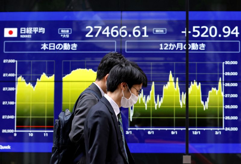 &copy; Reuters. FILE PHOTO: Passersby walk past an electric monitor displaying Japan's Nikkei share average and recent movements outside a bank in Tokyo, Japan, March 22, 2023. REUTERS/Issei Kato/File Photo