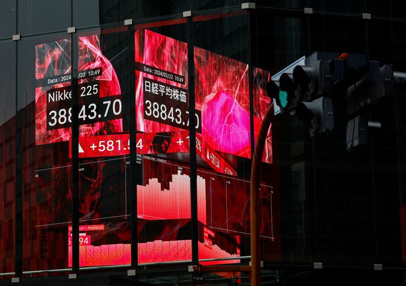 &copy; Reuters. Japan's Nikkei share average is displayed inside a building in Tokyo, Japan February 22, 2024. REUTERS/Issei Kato