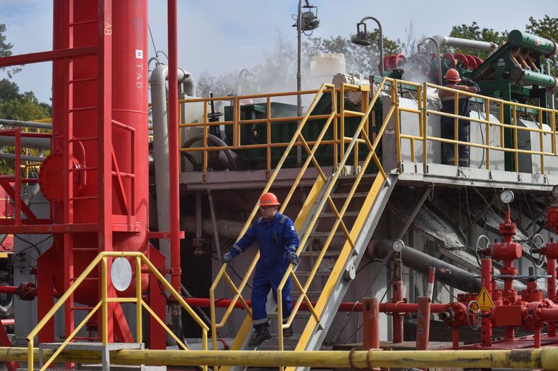 &copy; Reuters. ウクライナ国営ガス会社ナフトガスは２１日、外国企業がウクライナ国内に貯蔵する天然ガスを増やすことを期待するとの声明を発表した。写真はナフトガスのガス井で働く従業員で２０２