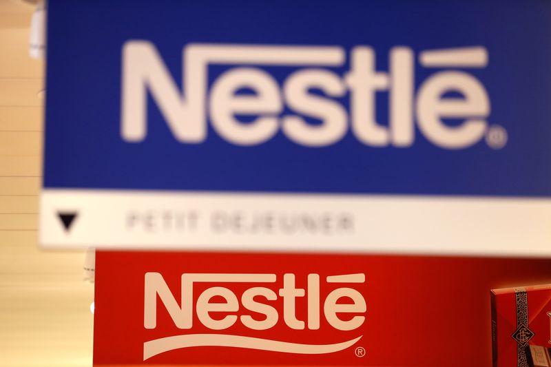 &copy; Reuters. FILE PHOTO: Nestle logos are pictured in the supermarket of Nestle headquarters in Vevey, Switzerland, February 13, 2020. REUTERS/Pierre Albouy/File Photo