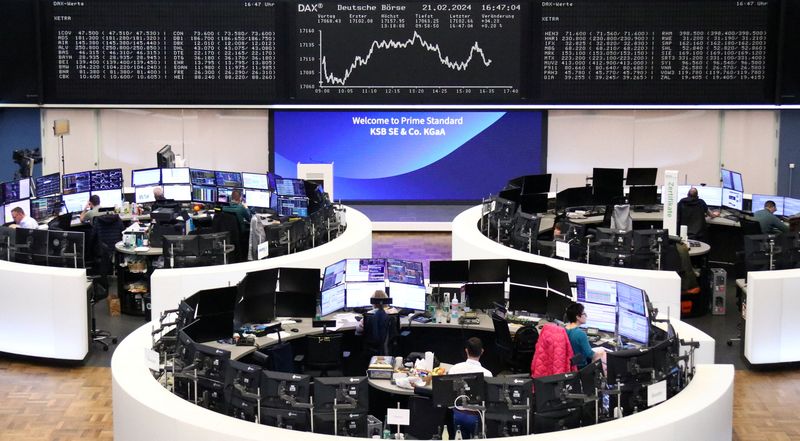 &copy; Reuters. FILE PHOTO: The German share price index DAX graph is pictured at the stock exchange in Frankfurt, Germany, February 21, 2024. REUTERS/Staff/File Photo