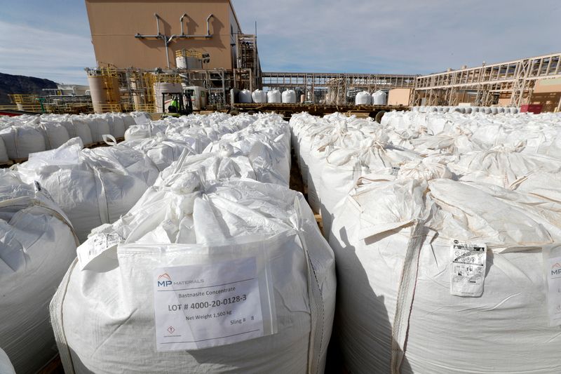 &copy; Reuters. FILE PHOTO: A shipping area is filled with 1,500 kg bags of bastnasite concentrate at the MP Materials rare earth mine in Mountain Pass, California, U.S. January 30, 2020. Picture taken January 30, 2020. REUTERS/Steve Marcus/File Photo