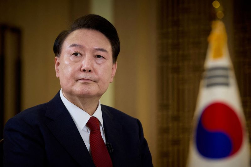 &copy; Reuters. FILE PHOTO: South Korean President Yoon Suk Yeol speaks during an interview with KBS at the Presidential Office in Seoul, South Korea, February 4, 2024.    The Presidential Office/Handout via REUTERS   ATTENTION EDITORS - THIS IMAGE HAS BEEN SUPPLIED BY A