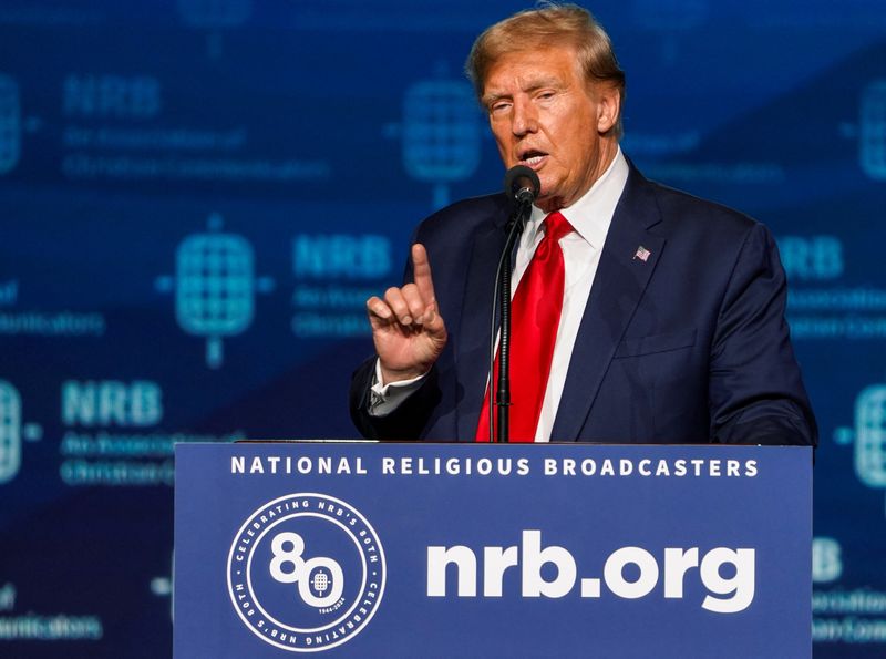&copy; Reuters. Former U.S. President and Republican presidential candidate Donald Trump addresses the 2024 National Religious Broadcasters Association International Christian Media Convention, as part of the NRB Presidential Forum in Nashville, Tennessee, U.S., February