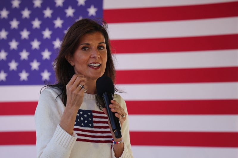 © Reuters. Republican presidential candidate and former U.S. Ambassador to the United Nations Nikki Haley speaks during a campaign stop ahead of the South Carolina Republican presidential primary election in Moncks Corner, South Carolina, U.S. February 23, 2024. REUTERS/Brian Snyder