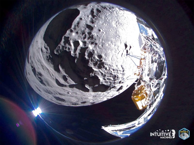 © Reuters. Intuitive Machines' Odysseus lunar lander captures a wide field of view image of Schomberger crater on the Moon, in this handout picture released February 23, 2024. Intuitive Machines/Handout via REUTERS  