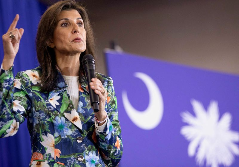 &copy; Reuters. FILE PHOTO: Republican presidential candidate and former U.S. Ambassador to the United Nations Nikki Haley makes remarks during a campaign visit ahead of the Republican presidential primary election, in North Augusta, South Carolina, U.S. February 21, 202