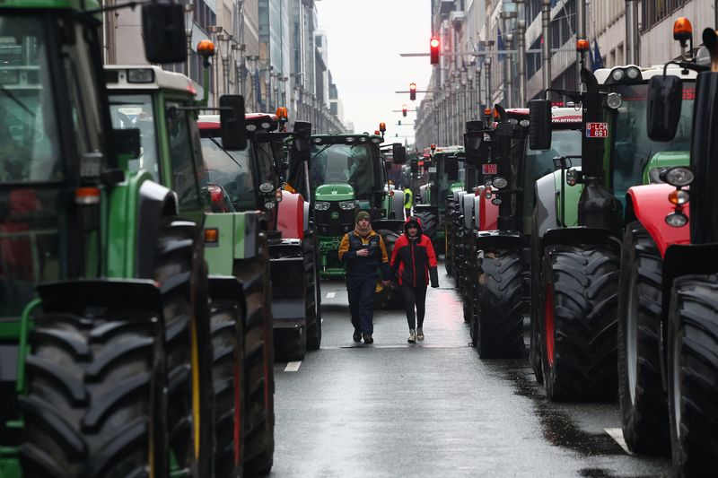© Reuters. People walk between tractors during a protest of European farmers over price pressures, taxes and green regulation, on the day of an EU Agriculture Ministers meeting in Brussels, Belgium February 26, 2024. REUTERS/Yves Herman