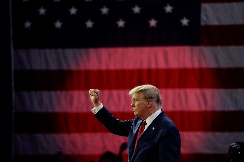 &copy; Reuters. FILE PHOTO: Former U.S. President and Republican presidential candidate Donald Trump gestures after addressing the Conservative Political Action Conference (CPAC) annual meeting in National Harbor, Maryland, U.S., February 24, 2024. REUTERS/Elizabeth Fran