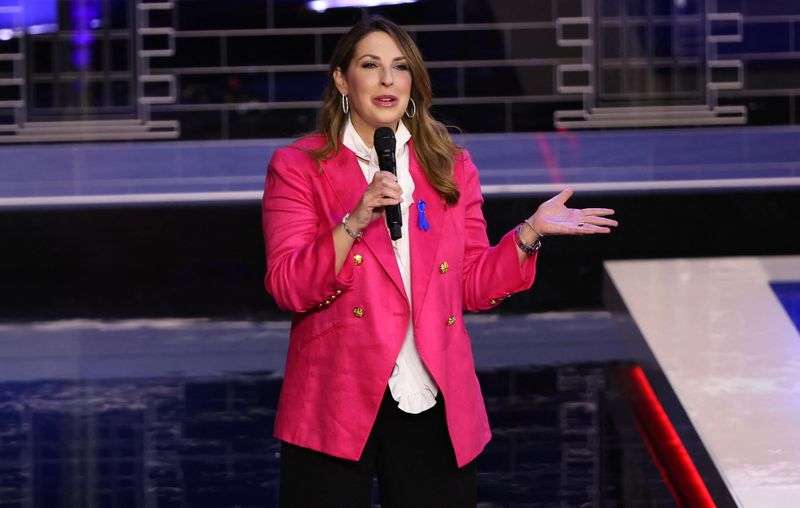 &copy; Reuters. FILE PHOTO: Republican National Committee (RNC) Chair Ronna McDaniel speaks to the audience at the third Republican candidates' U.S. presidential debate of the 2024 U.S. presidential campaign hosted by NBC News at the Adrienne Arsht Center for the Perform