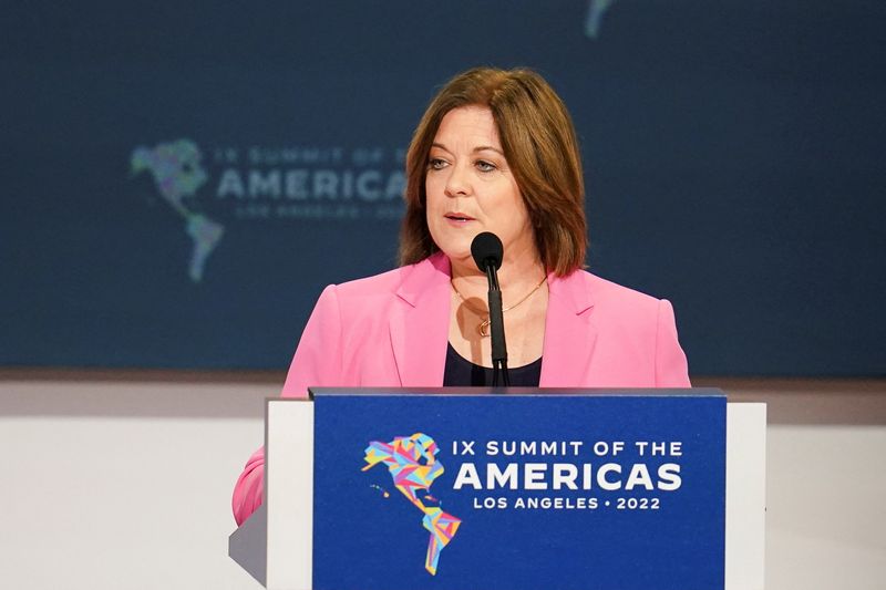 &copy; Reuters. FILE PHOTO: CEO of the U.S. Chamber of Commerce Suzanne Clark speaks during the Leaders' Second Plenary Session during the Ninth Summit of the Americas in Los Angeles, California, U.S., June 10, 2022.  REUTERS/Lauren Justice/File Photo