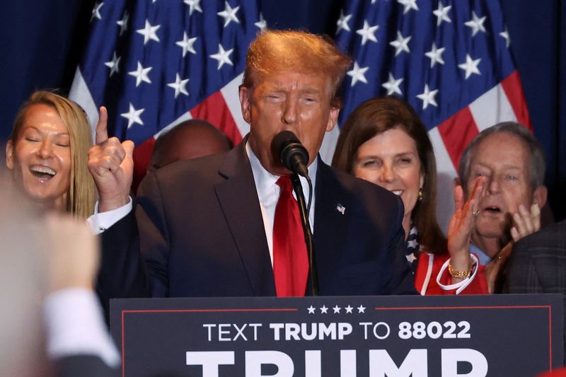 &copy; Reuters. FILE PHOTO: Republican presidential candidate and former U.S. President Donald Trump speaks during his South Carolina Republican presidential primary election night party in Columbia, South Carolina, U.S. February 24, 2024. REUTERS/Shannon Stapleton/File 