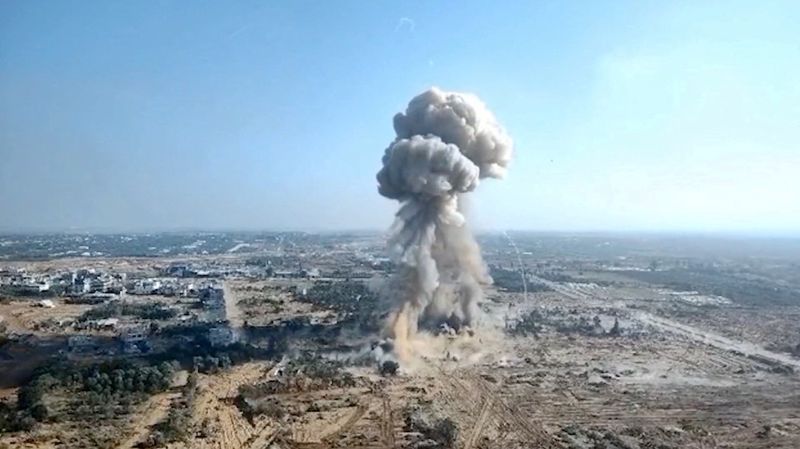 &copy; Reuters. An explosion is seen in this screengrab taken from video footage released on February 26, 2024 by the Israeli army said to show the destruction of a 10-kilometre tunnel that was passing underneath a hospital and a university at a location given as Gaza. I