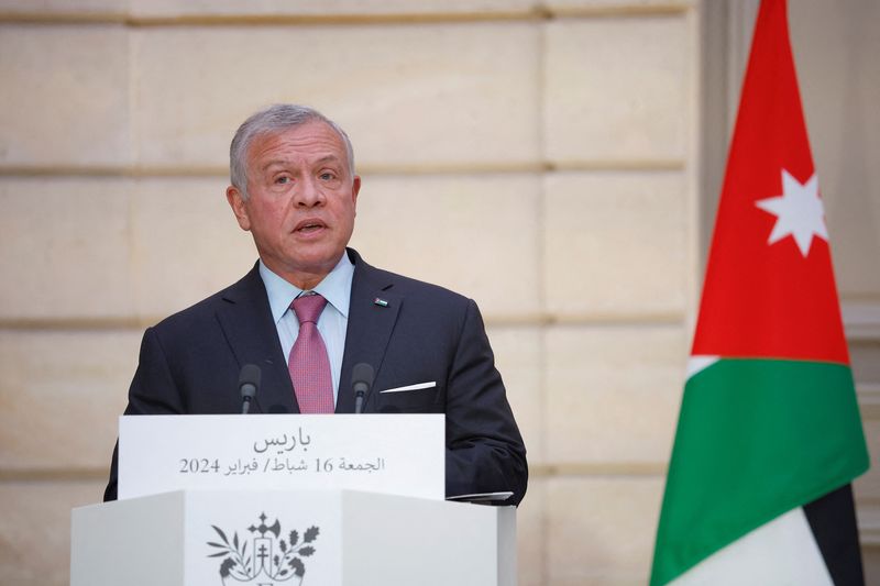 &copy; Reuters. العاهل الأردني الملك عبد الله الثاني يتحدث في قصر الإليزيه في باريس يوم 16 فبراير شباط 2024. صورة لرويترز من ممثل لوكالات الأنباء.