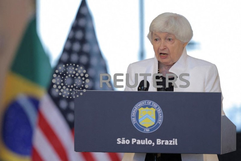 &copy; Reuters. Secretária do Tesouro dos EUA, Janet Yellen, durante entrevista à imprensa em São Paulo
27/02/2024. REUTERS/Carla Carniel