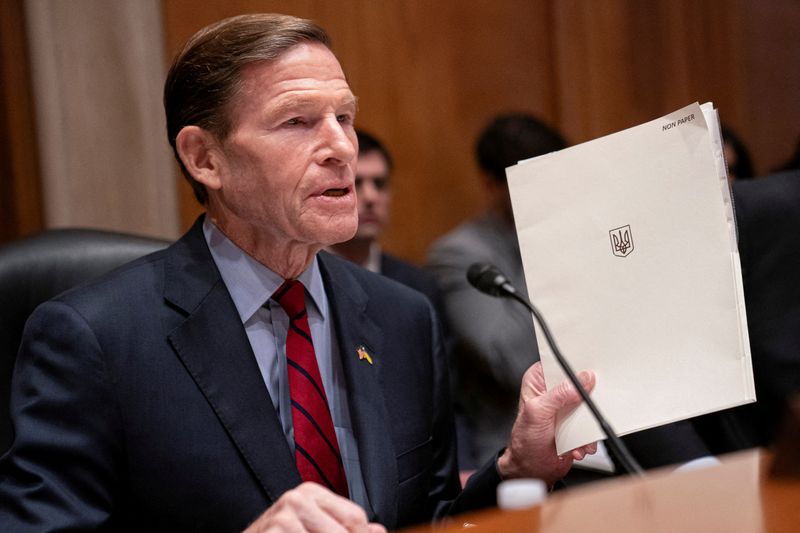 &copy; Reuters. Chairman Sen. Richard Blumenthal (D-CT) holds a file he said was given to him by Ukrainian President Volodymyr Zelenskiy during a Homeland Security and Governmental Affairs Subcommittee on Investigations hearing on the use of U.S. microchips in Russian we