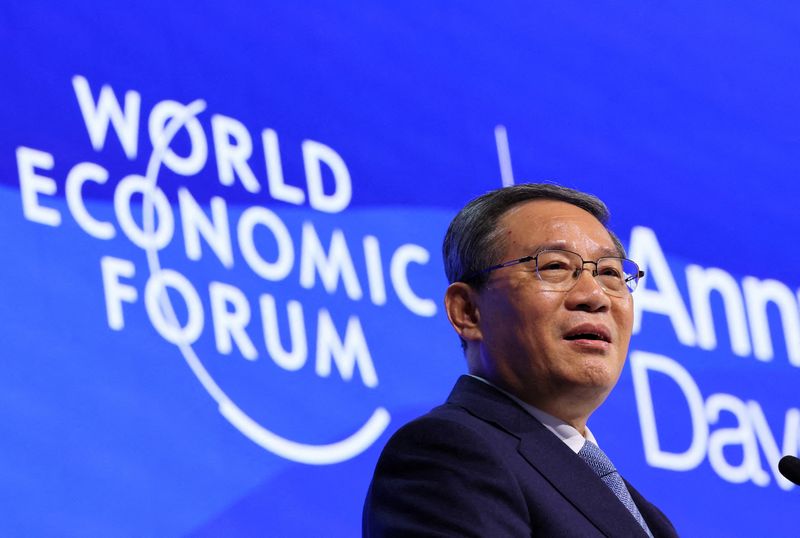 &copy; Reuters. FILE PHOTO: China's Premier Li Qiang speaks during the 54th annual meeting of the World Economic Forum in Davos, Switzerland, January 16, 2024. REUTERS/Denis Balibouse/File Photo