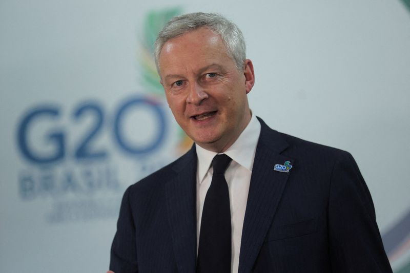 &copy; Reuters. FILE PHOTO: France's Minister of Economy and Finance Bruno Le Maire talks to the press during the G20 Finance Ministers and Central Banks Governors meeting, in Sao Paulo, Brazil, February 28, 2024. REUTERS/Carla Carniel/File Photo