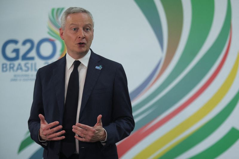 &copy; Reuters. France's Minister of Economy and Finance Bruno Le Maire talks to the press during the G20 Finance Ministers and Central Banks Governors meeting, in Sao Paulo, Brazil, February 28, 2024. REUTERS/Carla Carniel/File Photo