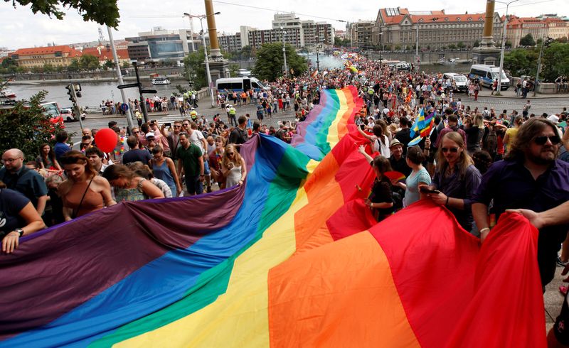 &copy; Reuters. Participants hold a giant rainbow flag during the Prague Pride Parade where thousands marched through the city centre in support of gay rights, in Czech Republic, August 13, 2016.  REUTERS/David W Cerny/File Photo
