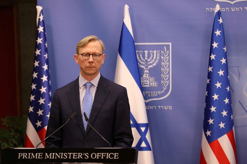 &copy; Reuters. FILE PHOTO: US special representative for Iran Brian Hook delivers media statement with Israeli Prime Minister Benjamin Netanyahu at the Prime Minister's Office in Jerusalem, Israel. 30 June 2020. Abir Sultan/Pool via REUTERS/File Photo