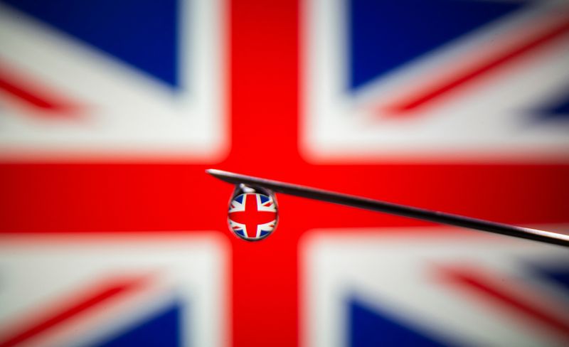 © Reuters. UK flag is reflected in a drop on a syringe needle in this illustration photo taken March 16, 2021. Picture taken March 16, 2021. REUTERS/Dado Ruvic/Illustration/File Photo