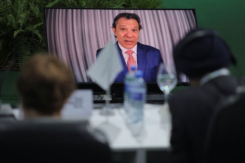 &copy; Reuters. Ministro da Fazenda, Fernando Haddad, discursa por videoconferência durante reunião do G20, realizada em São Paulo
28/02/2024
REUTERS/Carla Carniel