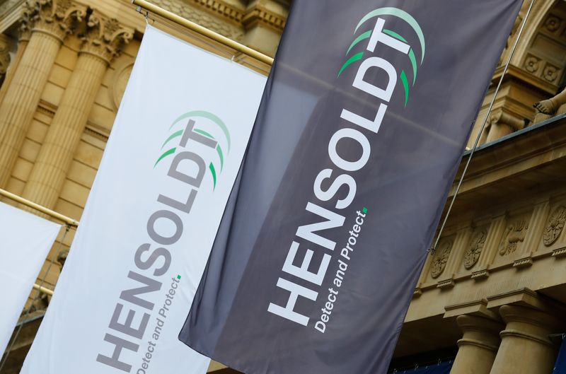&copy; Reuters. FILE PHOTO: Flags of German defense supplier Hensoldt AG are pictured at Frankfurt stock exchange during Hensoldt's initial public offering (IPO) in Frankfurt, Germany, September 25, 2020. REUTERS/Ralph Orlowski/File Photo