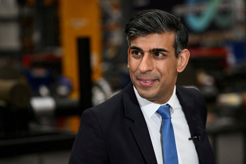 &copy; Reuters. FILE PHOTO: Britain's Prime Minister Rishi Sunak reacts as he speaks during an interview following a visit in the Siemens Mobility factory, in Goole, in East Yorkshire, Britain February 26, 2024. Paul Ellis/Pool via REUTERS/File Photo