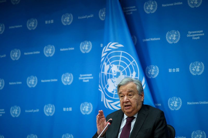 &copy; Reuters. الأمين العام لمنظمة الأمم المتحدة أنطونيو جوتيريش خلال مؤتمر صحفي في مقر المنظمة في نيويورك في الثامن من فبراير شباط 2024. تصوير: مايك سيجار - 