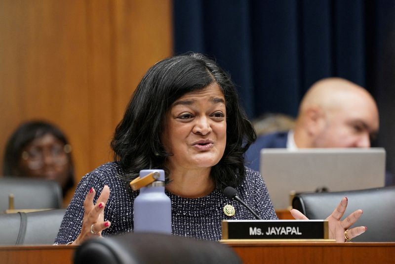 &copy; Reuters. FILE PHOTO: U.S. Representative Pramila Jayapal (D-WA) speaks during a House Education and The Workforce Committee hearing titled "Holding Campus Leaders Accountable and Confronting Antisemitism" on Capitol Hill in Washington, U.S., December 5, 2023. REUT