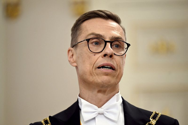 &copy; Reuters. New President of Finland Alexander Stubb speaks during his first press conference at the Presidential Palace during his inauguration ceremonies in Helsinki, Finland, March 1, 2024. Lehtikuva/Emmi Korhonen via REUTERS