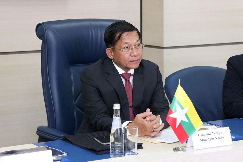 &copy; Reuters. FILE PHOTO: Myanmar's Prime Minister and State Administrative Council Chairman Min Aung Hlaing attends a meeting with Director General of Roscosmos Dmitry Rogozin in Moscow, Russia July 12, 2022. Roscosmos/Handout via REUTERS/ FILE PHOTO