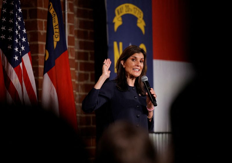 &copy; Reuters. FILE PHOTO: Republican presidential candidate and former U.S. Ambassador to the United Nations Nikki Haley speaks at a campaign event in Charlotte, North Carolina, U.S., March 1, 2024.    REUTERS/Jonathan Drake/FILE PHOTO