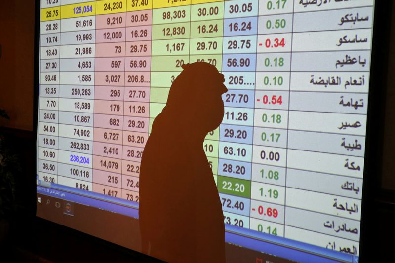 &copy; Reuters. انعكاس لشخص يتابع شاشة تعرض حركة الأسهم في بورصة السعودية بصورة من أرشيف رويترز.