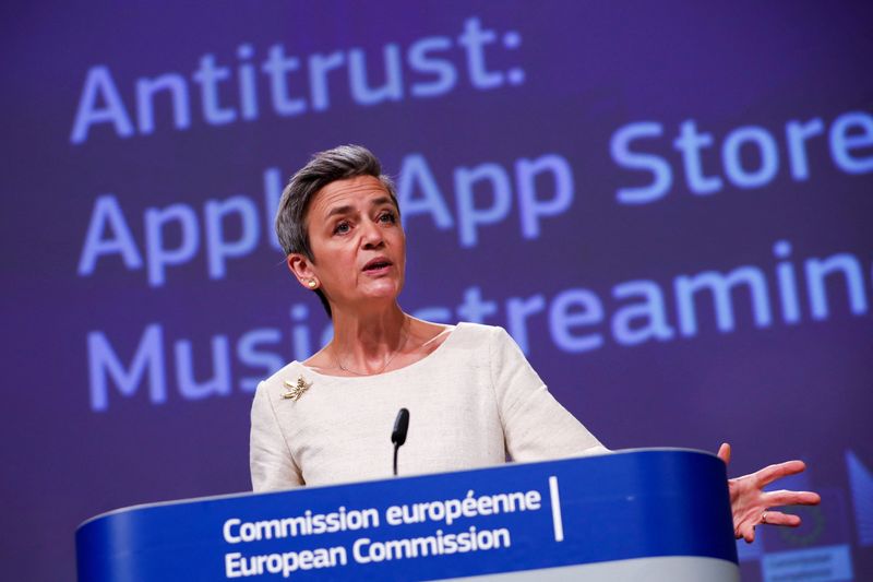 &copy; Reuters. FILE PHOTO: European Commissioner for Europe fit for the Digital Age Margrethe Vestager speaks during an online news conference on Apple anti trust case at the EU headquarters in Brussels, Belgium April 30, 2021. Francisco Seco/Pool via REUTERS/File Photo