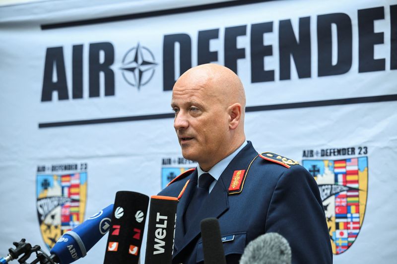&copy; Reuters. FILE PHOTO: Inspector of the German Air Force, Lieutenant General Ingo Gerhartz speaks to the members of the media on the sidelines of a press conference about the Air Defender 23, the largest multinational deployment exercise of air forces in the history