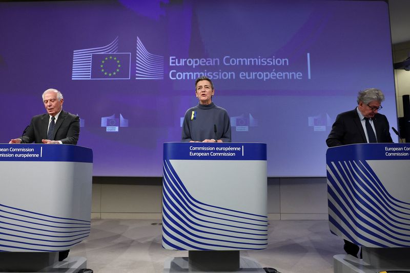 &copy; Reuters. European Commissioner for Europe fit for the Digital Age Margrethe Vestager speaks accompanied by European Union Foreign Policy Chief Josep Borrell and European Commissioner for Internal Market Thierry Breton during a press conference presenting plans to 