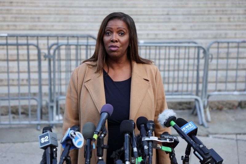 &copy; Reuters. FILE PHOTO: New York Attorney General Letitia James speaks to the press outside New York State Supreme Court in the Manhattan borough of New York City, U.S., October 25, 2023. REUTERS/Mike Segar/File Photo