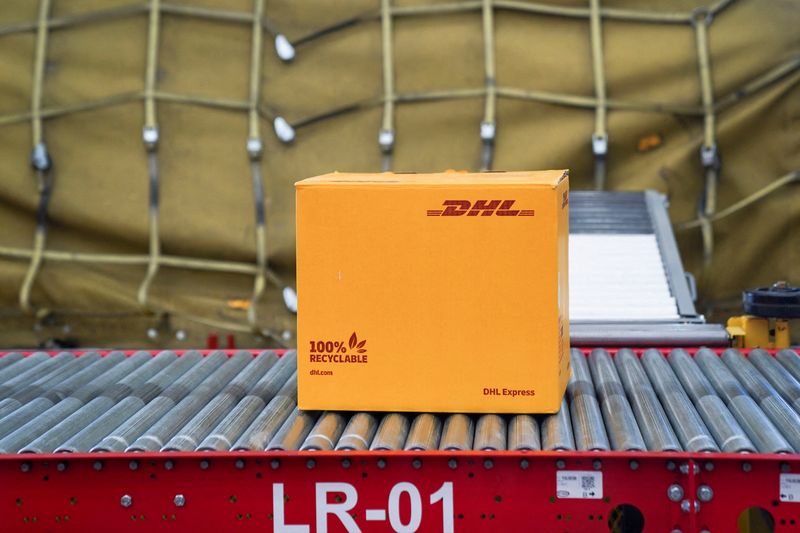 &copy; Reuters. FILE PHOTO: A box of German postal and logistics group Deutsche Post (DHL) is displayed during a demonstration marking the inauguration of the company’s new cargo facilities at the Felipe Angeles international airport in Zumpango, Mexico, February 28, 2