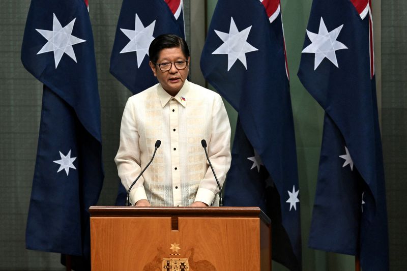 &copy; Reuters. FILE PHOTO: Philippine President Ferdinand Marcos Jr delivers an address to Members and Senators of the Australian Parliament in the House of Representatives at Parliament House in Canberra, Australia, February 29, 2024. AAP Image/Lukas Coch via REUTERS/F