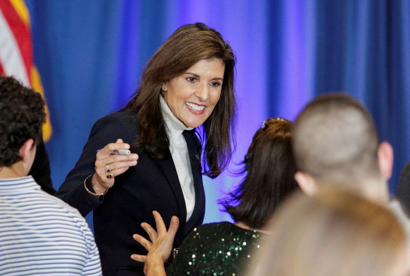 &copy; Reuters. FILE PHOTO: Republican presidential candidate and former U.S. Ambassador to the United Nations Nikki Haley greets supporters at a campaign event in Portland, Maine, U.S. March 3, 2024. REUTERS/Joel Page/File Photo