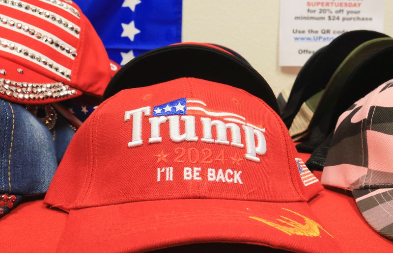&copy; Reuters. A cap is displayed for sale on the day of the Republican presidential candidate and former U.S. President Donald Trump's watch party event to mark the Super Tuesday primary elections, in Long Beach, California, U.S., March 5, 2024. REUTERS/David Swanson/F