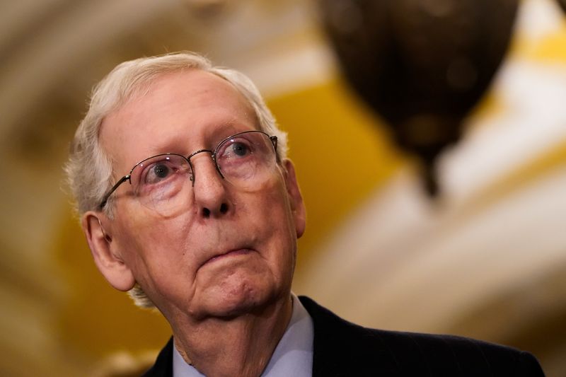&copy; Reuters. U.S. Senate Minority Leader Mitch McConnell (R-KY) listens to a question from a reporter following a meeting at the White House and the Senate Republicans weekly policy lunch at the U.S. Capitol in Washington, U.S., February 27, 2024. REUTERS/Elizabeth Fr