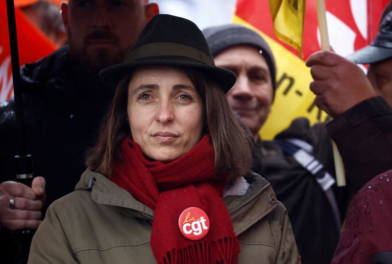 &copy; Reuters. La secrétaire générale du syndicat CGT, Sophie Binet, lors d'une manifestation à Paris, France. /Photo prise le 13 avril 2023/ REUTERS/Stéphane Mahé