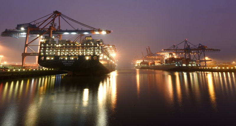 &copy; Reuters. Navi portacontainer ai terminali di carico nel porto di Amburgo, Germania, 2 febbraio 2017. REUTERS/Fabian Bimmer