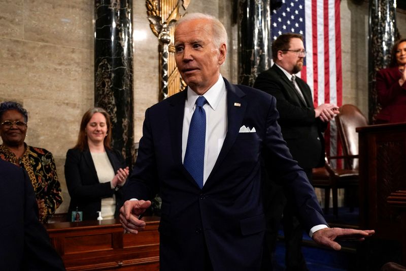 &copy; Reuters. FILE PHOTO: President Joe Biden walks from the podium after the State of the Union address to a joint session of Congress at the Capitol, Tuesday, Feb. 7, 2023, in Washington. Jacquelyn Martin/Pool via REUTERS/FILE PHOTO