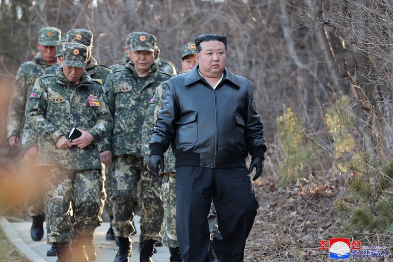 &copy; Reuters. North Korean leader Kim Jong Un inspects field training of troops at a major military operations base in the western region of the country, as he ordered heightened readiness for war, KCNA news agency reported, in North Korea, in this picture released on 