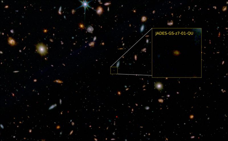 &copy; Reuters. صورة لأقدم مجرة ​​"ميتة" توقفت عن تكوين النجوم منذ نحو 13.1 مليار عام في صورة غير مؤرخة حصلت عليها رويترز من تلسكوب جيمس ويب الفضائي.