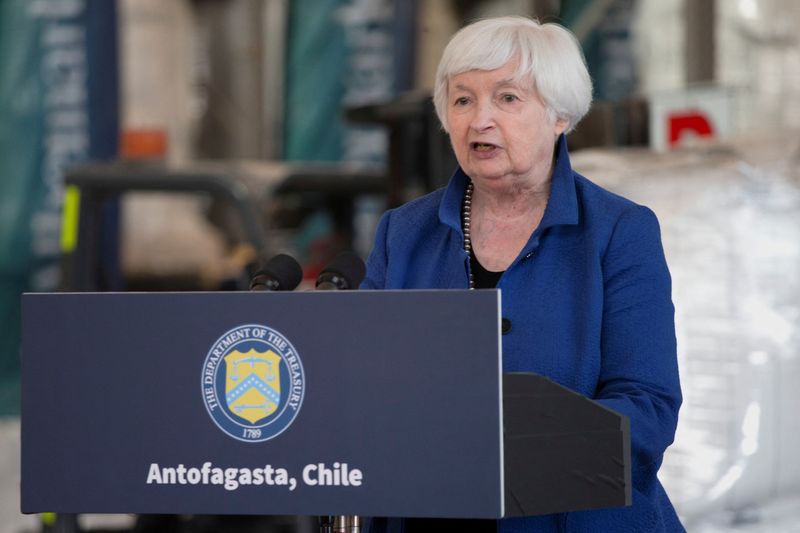 &copy; Reuters. U.S. Treasury Secretary Janet Yellen delivers a speech during a visit to the Lithium Conversion plant of U.S. lithium producer Albemarle, in La Negra, Antofagasta, Chile, March 2, 2024. REUTERS/Cristian Rudolffi